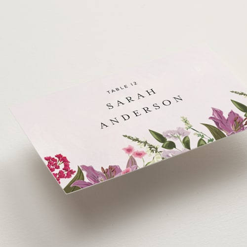 This is a lilac wedding place cards with standard by Susan Moyal called gather printing on signature in placecard