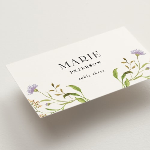 This is a persimmon wedding place cards with standard by Sarah Knight called wild meadow printing on signature in placecard