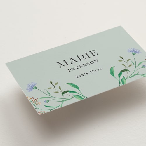 This is a mint wedding place cards with standard by Sarah Knight called wild meadow printing on signature in placecard