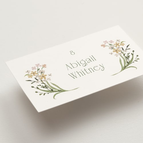 This is a olive wedding place cards with standard by Jennifer Wick called delicate buds printing on signature in placecard
