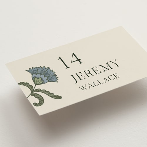 This is a robins egg wedding place cards with standard by Jen Owens called century printing on signature in placecard
