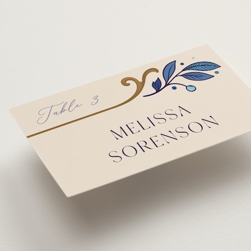 This is a cerulean wedding place cards with standard by GeekInk Design called gilded printing on signature in placecard