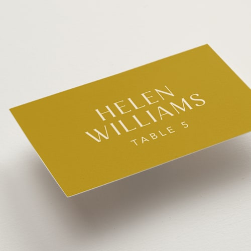 This is a marigold wedding place cards with standard by Stacey Day called swoop printing on signature in placecard