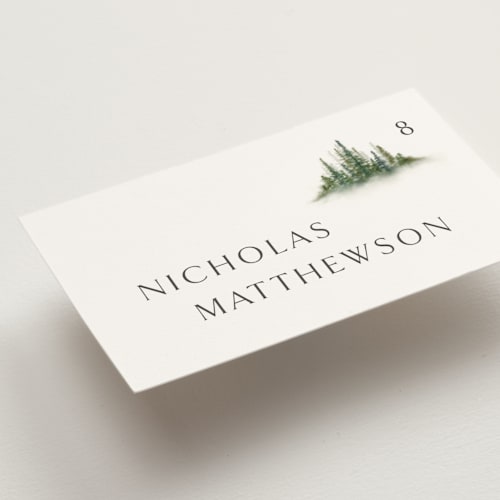 This is a evergreen wedding place cards with standard by Melanie Kosuge called somerset printing on signature in placecard