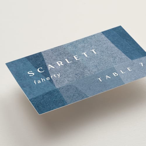 This is a seaside wedding place cards with standard by Carrie Moradi called denim patchwork printing on signature in placecard