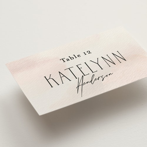 This is a blush wedding place cards with standard by Itsy Belle Studio called first light printing on signature in placecard