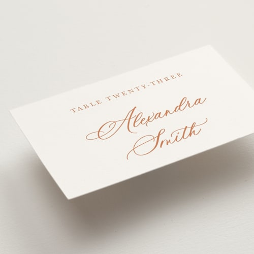 This is a coral wedding place cards with standard by Cass Loh called watercolor flowers crest printing on signature in placecard