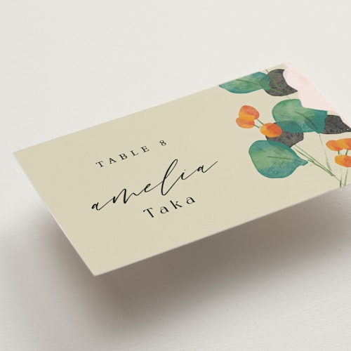 This is a wheat wedding place cards with standard by Keen Peachy called floral splash printing on signature in placecard