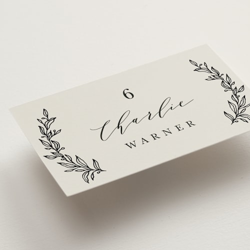 This is a cotton wedding place cards with standard by Kate Ahn called leafy wreath printing on signature in placecard