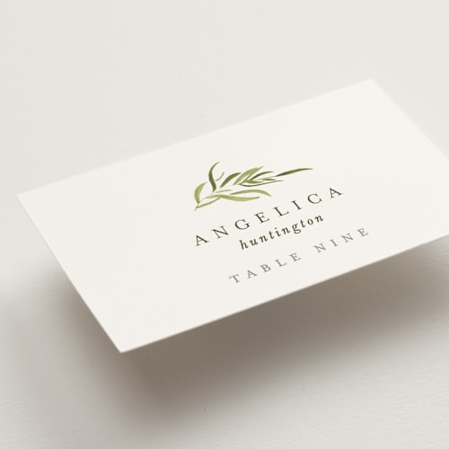 This is a garden wedding place cards with standard by Leah Bisch called verdure printing on signature in placecard