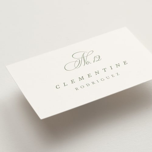 This is a garden wedding place cards with standard by Kelly Schmidt called chic script printing on signature in placecard