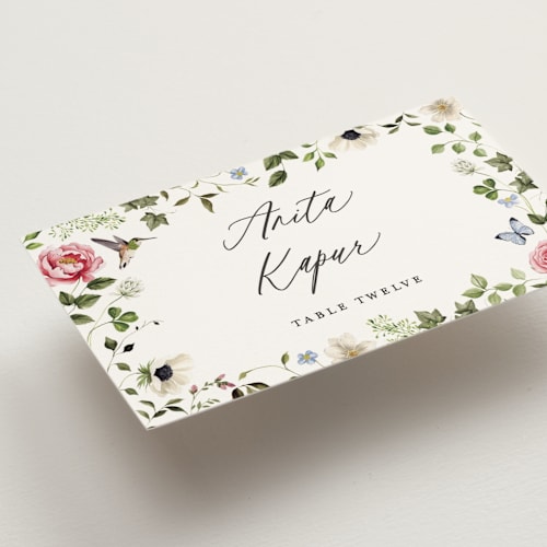 This is a peony wedding place cards with standard by Sarah Knight called ornate printing on signature in placecard