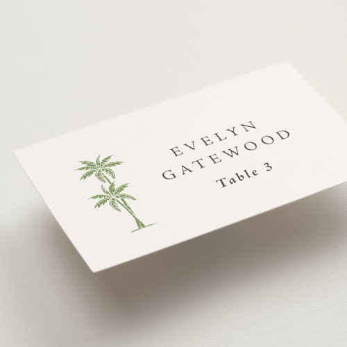This is a leaf wedding place cards with standard by Olivia Raufman called palm monogram printing on signature in placecard