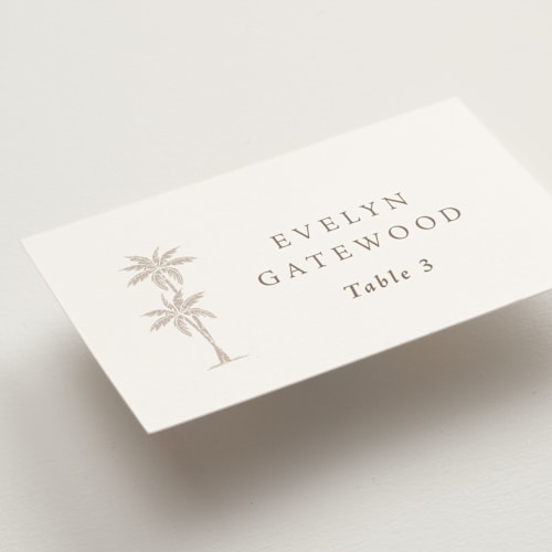 This is a sand wedding place cards with standard by Olivia Raufman called palm monogram printing on signature in placecard