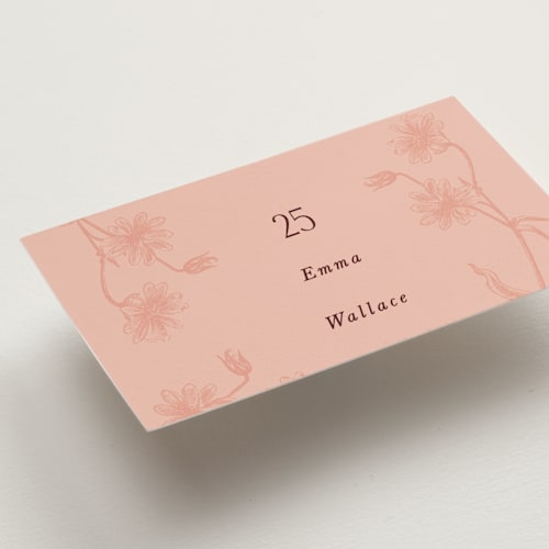 This is a burgundy wedding place cards with standard by Nazia Hyder called museum printing on signature in placecard