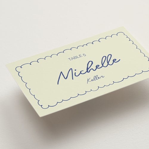 This is a disco blue wedding place cards with standard by Zove Ahhh called party on! printing on signature in placecard
