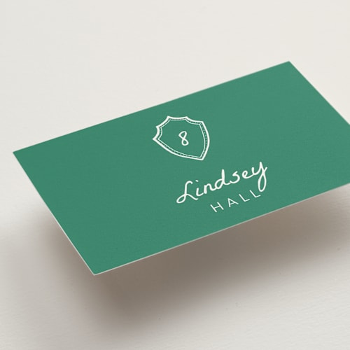 This is a palm wedding place cards with standard by Erika Firm called palm tree crest printing on signature in placecard