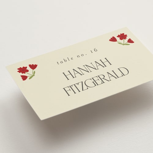 This is a crimson wedding place cards with standard by Morgan Kendall called vintage wildflowers printing on signature in placecard