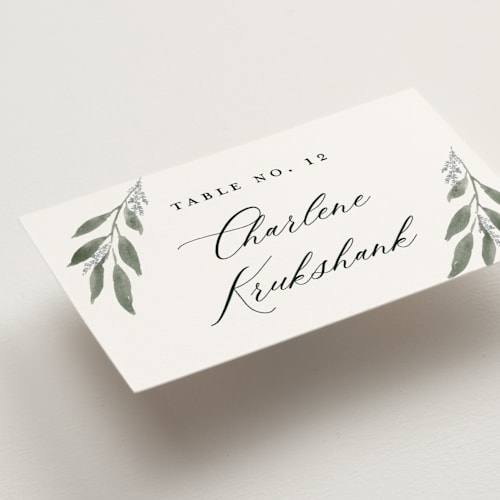 This is a heather wedding place cards with standard by Stacey Meacham called pressed foliage printing on signature in placecard