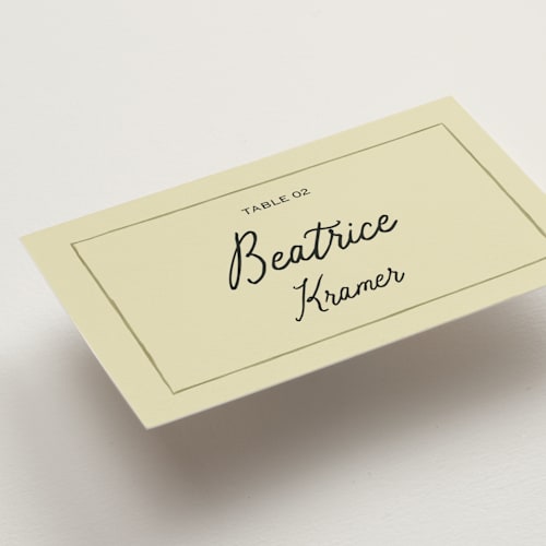 This is a moss wedding place cards with standard by Helena Vitto called love rests in a garden printing on signature in placecard
