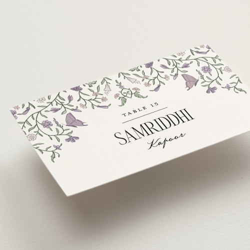 This is a lilac wedding place cards with standard by Jenna Holcomb called tapestry printing on signature in placecard