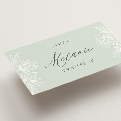 This is a sage wedding place cards with standard by Kristen Knechtel called fairy forest printing on signature in placecard