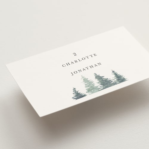 This is a rain wedding place cards with standard by Anne Kostecki called painted woods printing on signature in placecard
