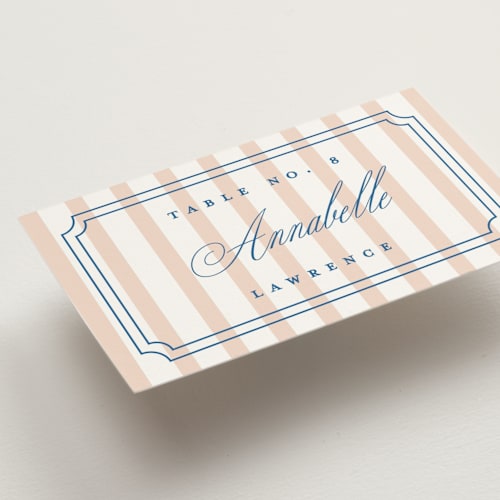 This is a coral wedding place cards with standard by Erin German called preppy printing on signature in placecard