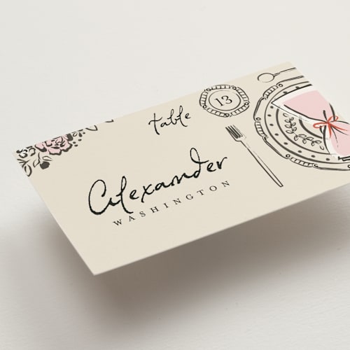 This is a champagne wedding place cards with standard by Ana de Sousa called gathering joy printing on signature in placecard