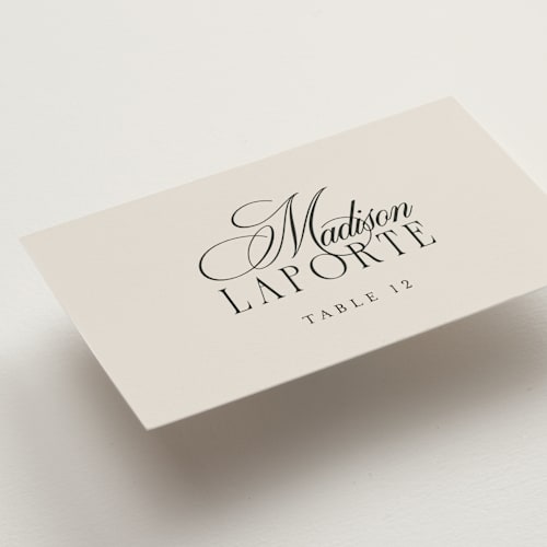 This is a linen wedding place cards with standard by Kelly Schmidt called hilton printing on signature in placecard