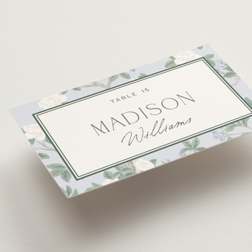 This is a garden wedding place cards with standard by Jenna Holcomb called chinoiserie printing on signature in placecard