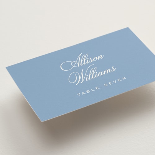 This is a bluebell wedding place cards with standard by Jessica Williams called marenza printing on signature in placecard