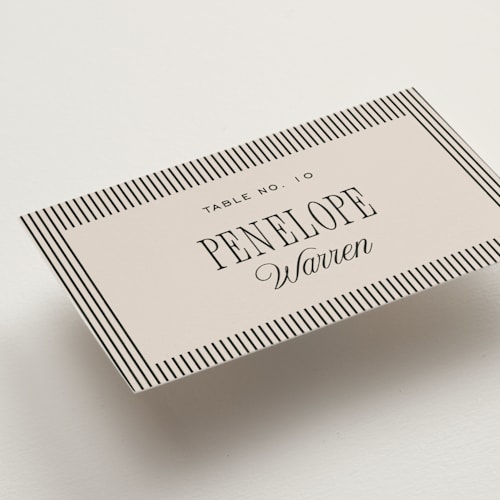 This is a noir wedding place cards with standard by Pixel and Hank called linea printing on signature in placecard