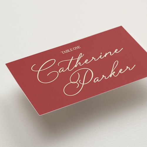 This is a burgundy wedding place cards with standard by Helena Vitto called elizabeth printing on signature in placecard