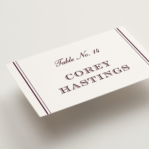 This is a burgundy wedding place cards with standard by Stacey Meacham called engraved names printing on signature in placecard