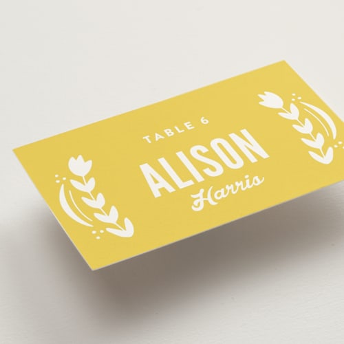 This is a sunshine wedding place cards with standard by Jessie Steury called pretty picado printing on signature in placecard