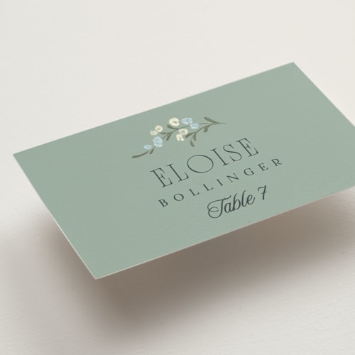 This is a butter mint wedding place cards with standard by Laura Hankins called trailing garden printing on signature in placecard
