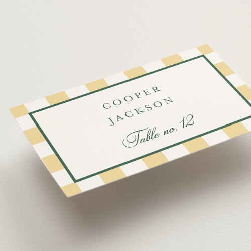 This is a citrine wedding place cards with standard by Emily Betts called curved frame printing on signature in placecard