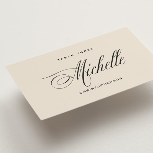 This is a almond wedding place cards with standard by Eric Clegg called modern romance printing on signature in placecard
