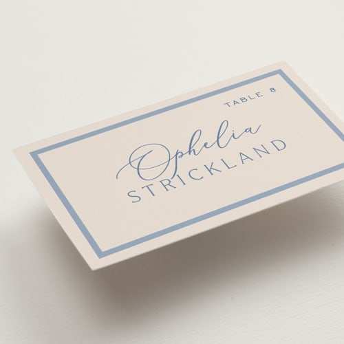 This is a periwinkle wedding place cards with standard by Hooray Creative called twin border printing on signature in placecard