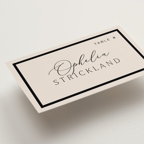 This is a black tie wedding place cards with standard by Hooray Creative called twin border printing on signature in placecard
