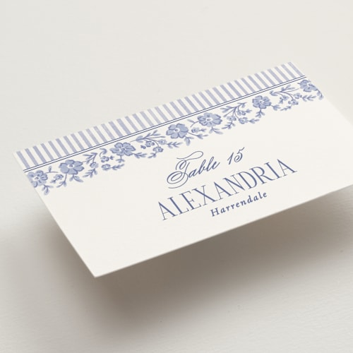 This is a cerulean wedding place cards with standard by Jenna Holcomb called embroidered printing on signature in placecard