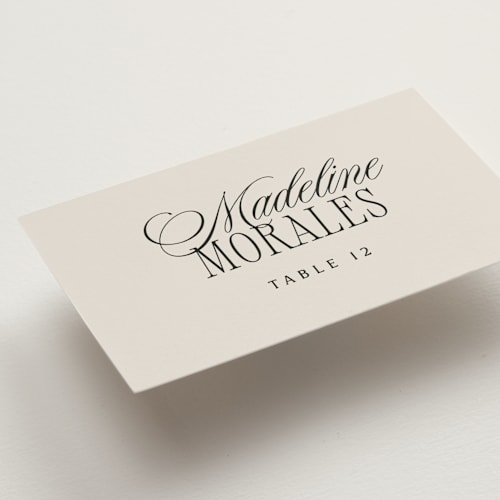 This is a linen wedding place cards with standard by Kelly Schmidt called woods printing on signature in placecard