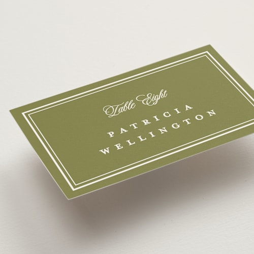 This is a olive wedding place cards with standard by Ellen Schlegelmilch called museo printing on signature in placecard