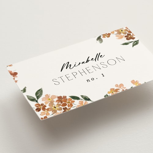 This is a terracotta wedding place cards with standard by Itsy Belle Studio called sweeping vine printing on signature in placecard