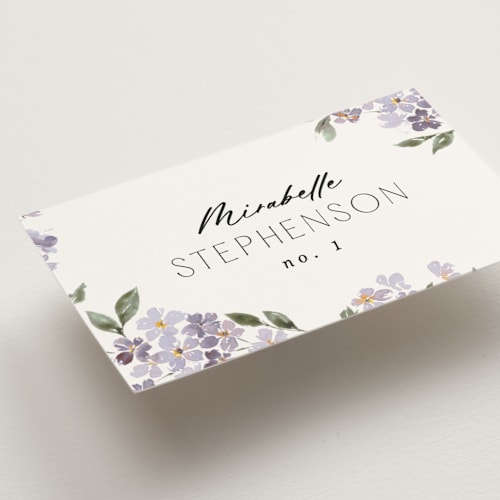 This is a periwinkle wedding place cards with standard by Itsy Belle Studio called sweeping vine printing on signature in placecard
