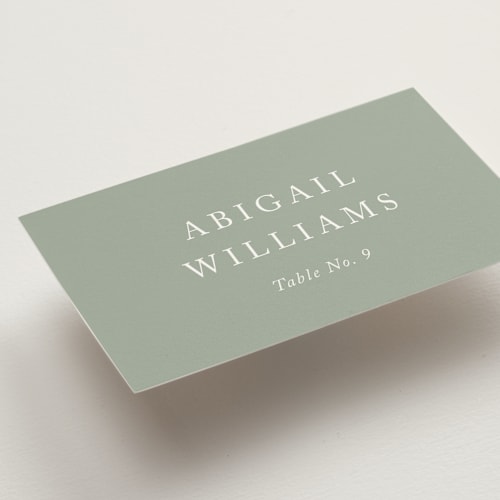 This is a soft sage wedding place cards with standard by Jennifer Postorino called breathe printing on signature in placecard