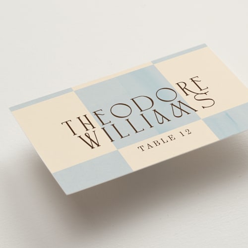 This is a ivory wedding place cards with standard by Baumbirdy called checker wash printing on signature in placecard