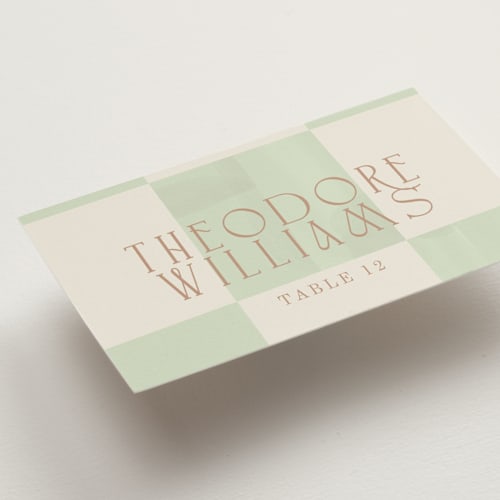 This is a mint wedding place cards with standard by Baumbirdy called checker wash printing on signature in placecard