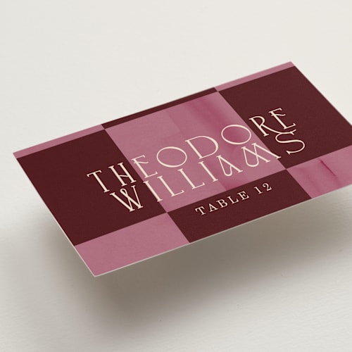 This is a scarlet wedding place cards with standard by Baumbirdy called checker wash printing on signature in placecard